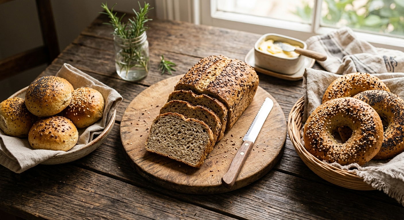 Sliced low-carb bread loaf and rolls on a wooden table