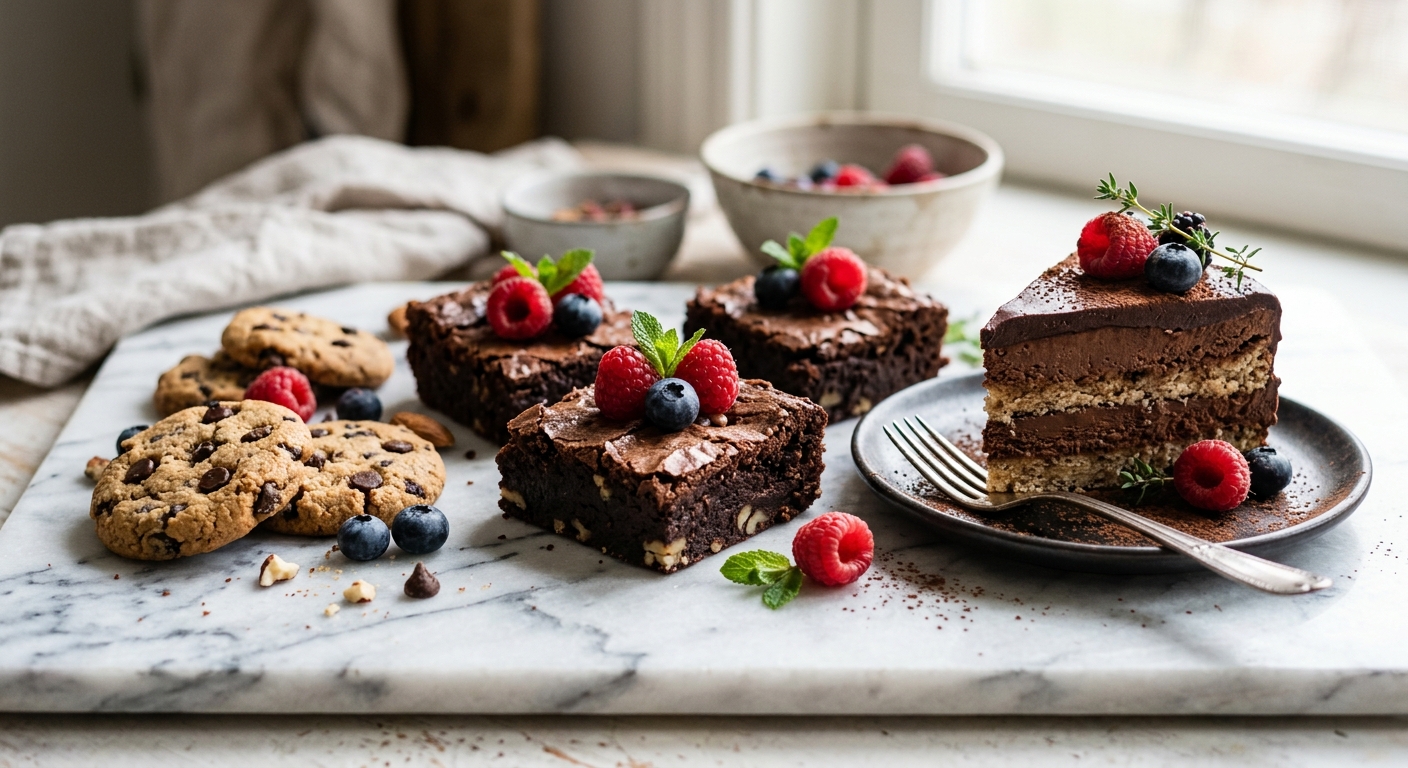 Low-carb baked treats and snacks on a marble board