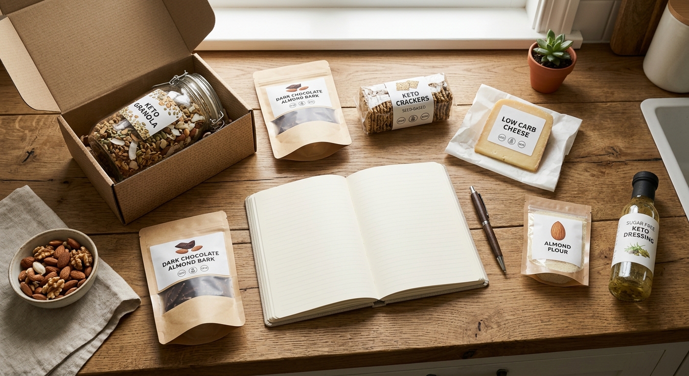 Assorted low-carb pantry products on a table