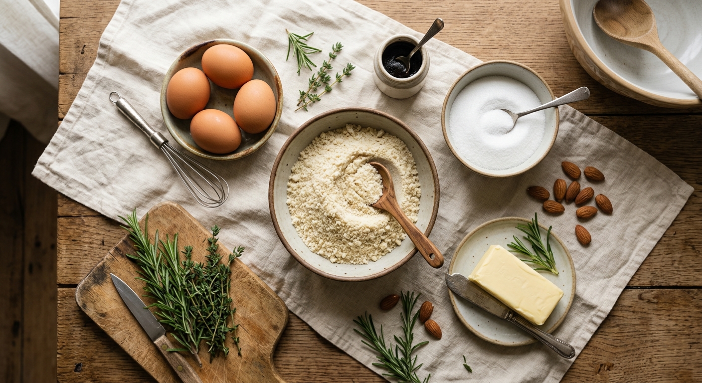 Baking ingredients including almond flour, eggs, and butter