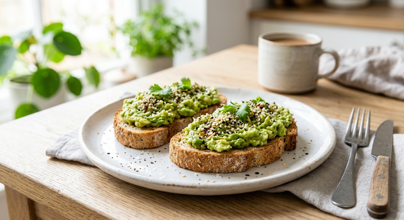 Avocado toast on low-carb bread with coffee
