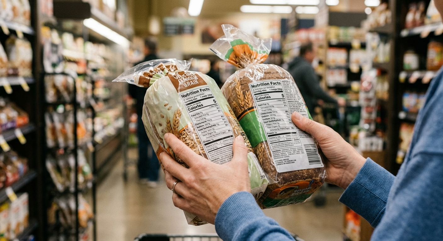 Person comparing nutrition labels on bread packaging in a grocery store