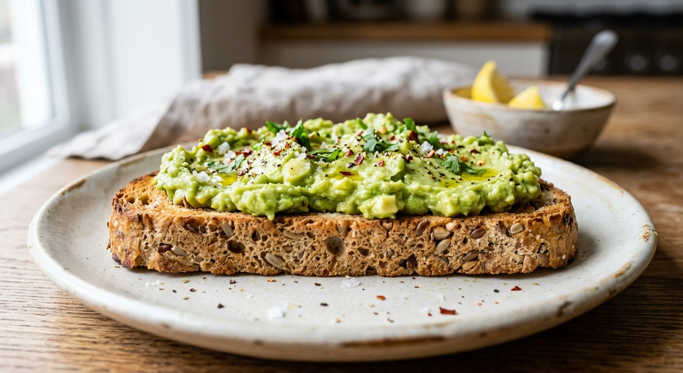 Toasted low-carb sandwich bread with avocado, close-up texture