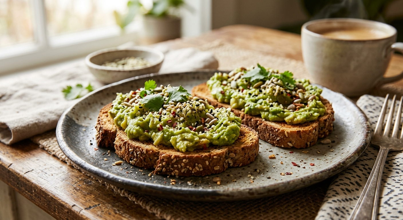 Toasted keto sandwich bread with avocado, close-up texture shot