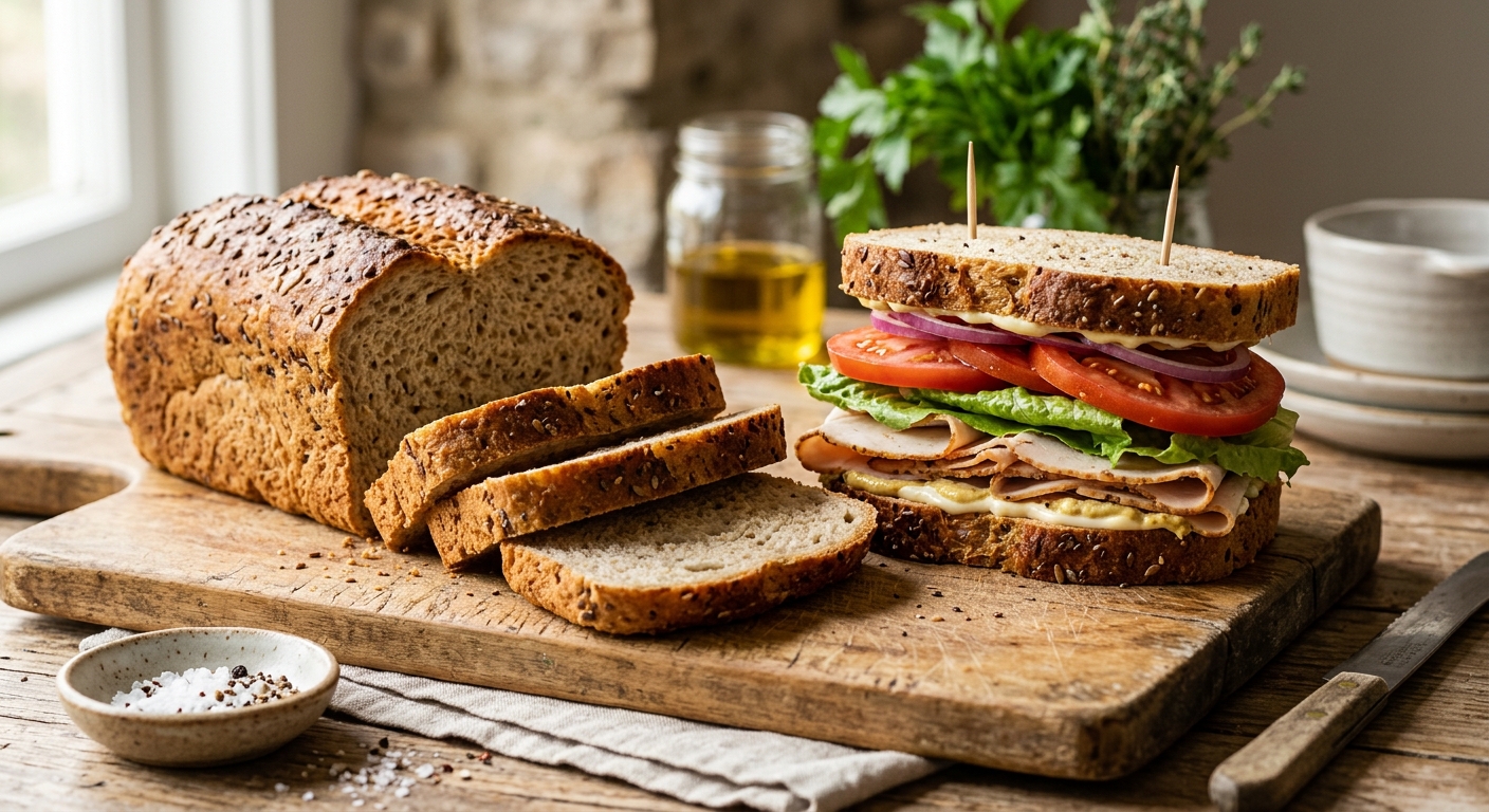Sliced low-carb sandwich bread stacked with deli turkey, lettuce, and tomato