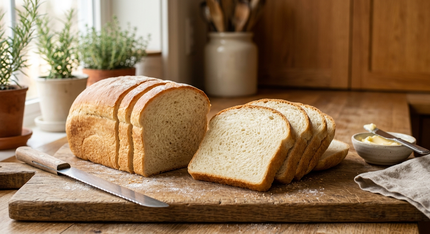 Sliced Lewis Bake Shop Better Way keto bread loaf on a kitchen counter