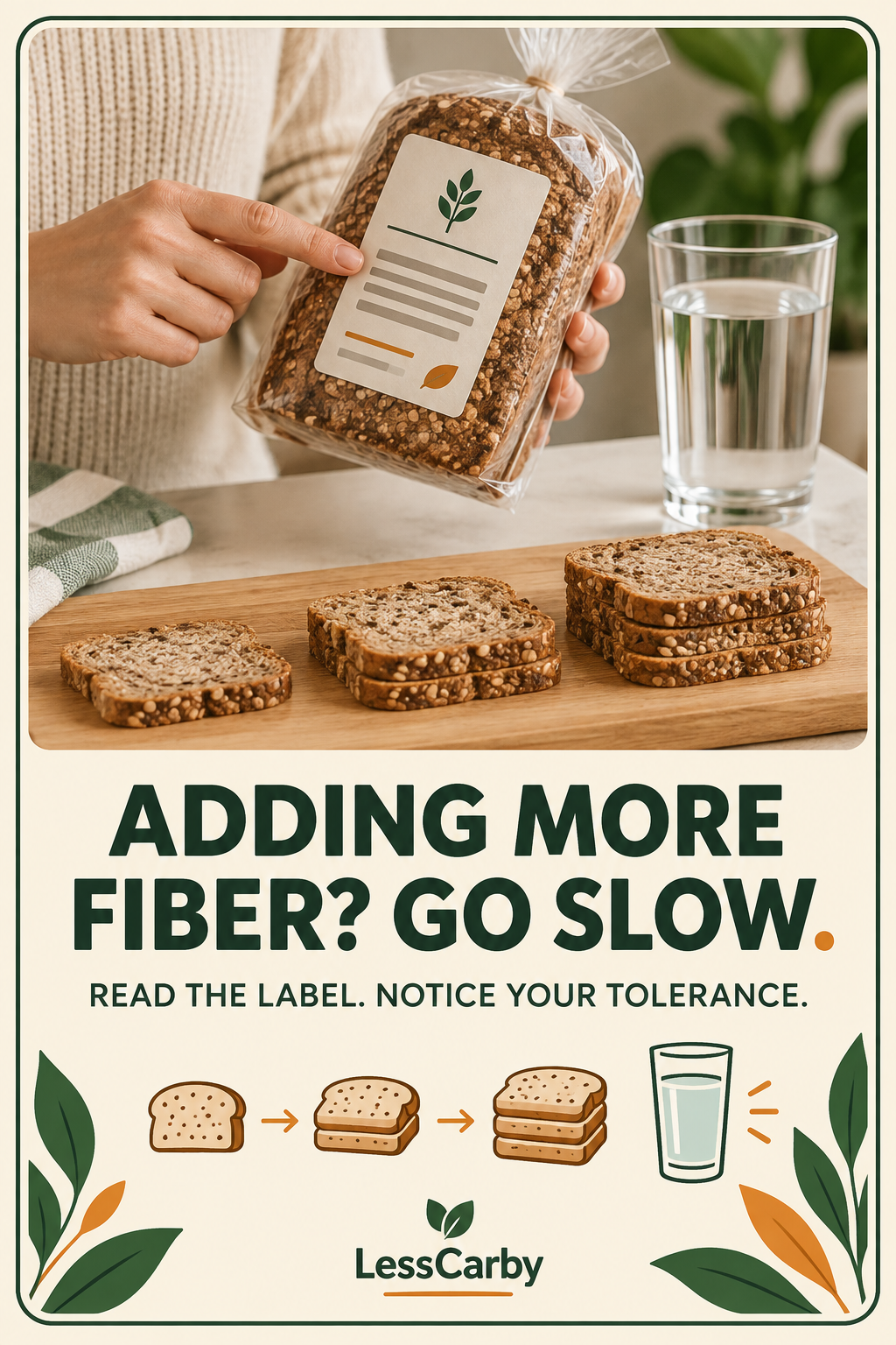 Pinterest graphic reading Adding More Fiber? Go Slow with bread slices, label, and water