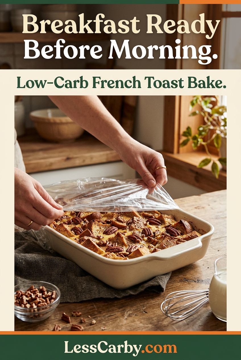 Pinterest graphic reading Breakfast Ready Before Morning, Low-Carb French Toast Bake
