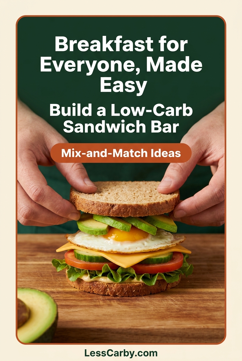 Pinterest graphic showing hands assembling a low-carb breakfast sandwich from a breakfast bar