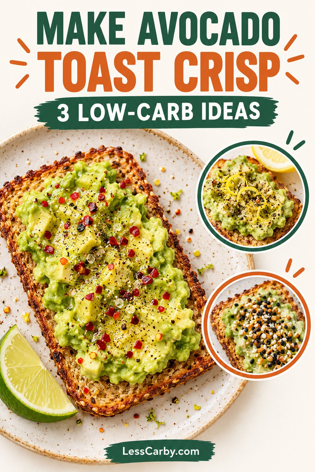 Crisp low-carb avocado toast with chili-lime topping and two flavor variations