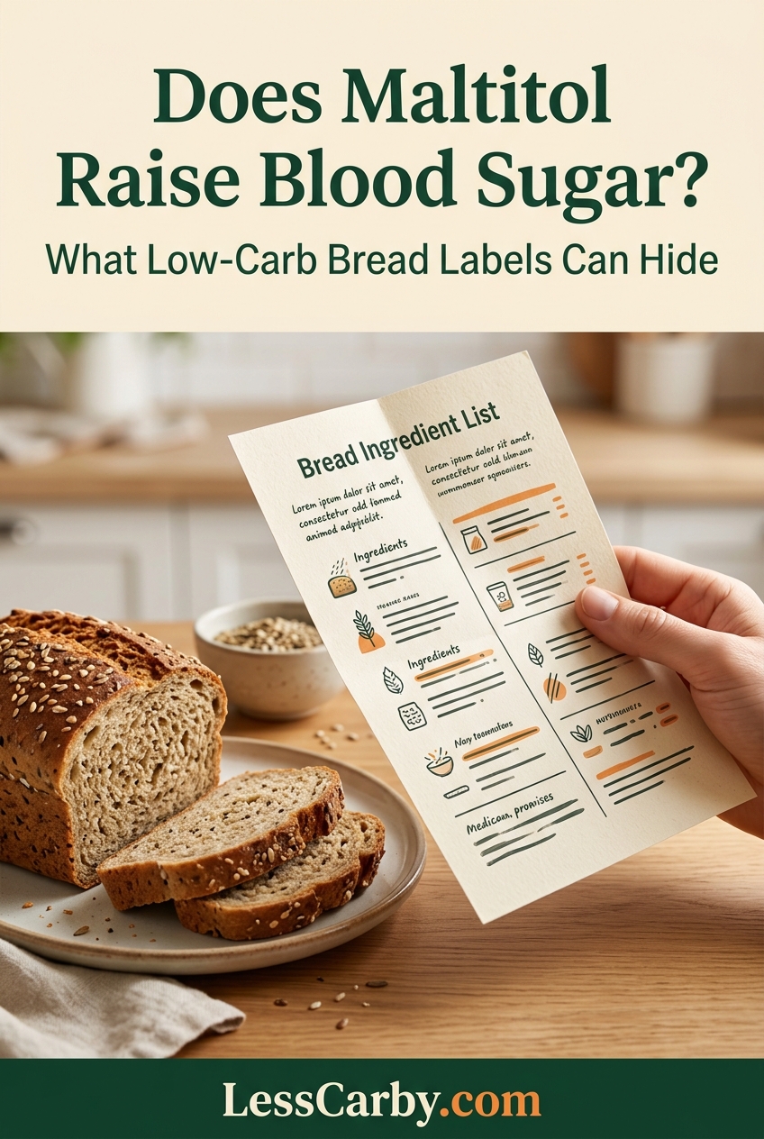 Pinterest graphic asking whether maltitol raises blood sugar and what low-carb bread labels can hide