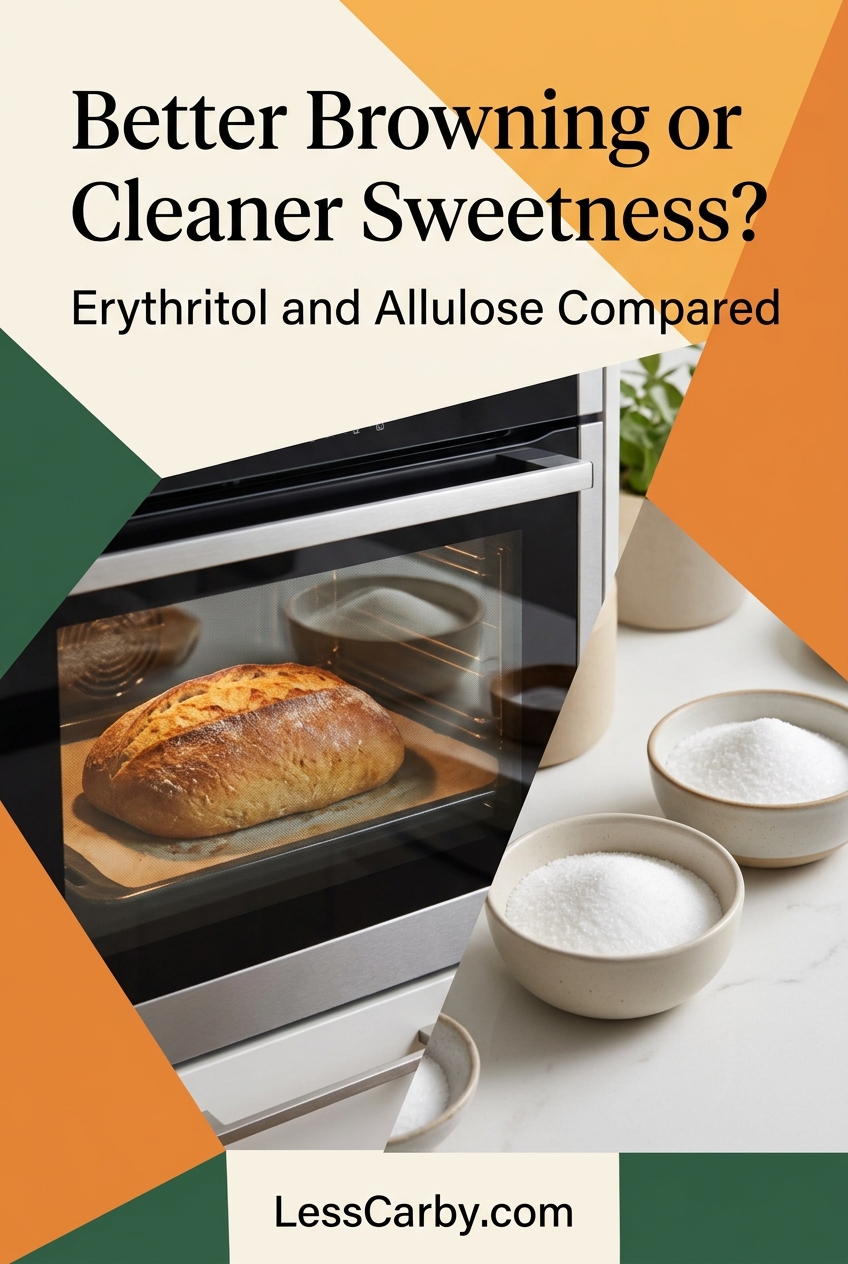 Pinterest graphic comparing browning and sweetness when baking low-carb bread with erythritol or allulose