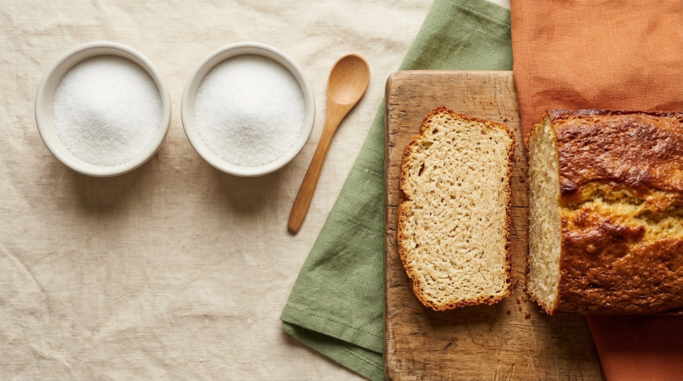 Two bowls of granulated sweeteners beside lightly and deeply browned low-carb bread slices