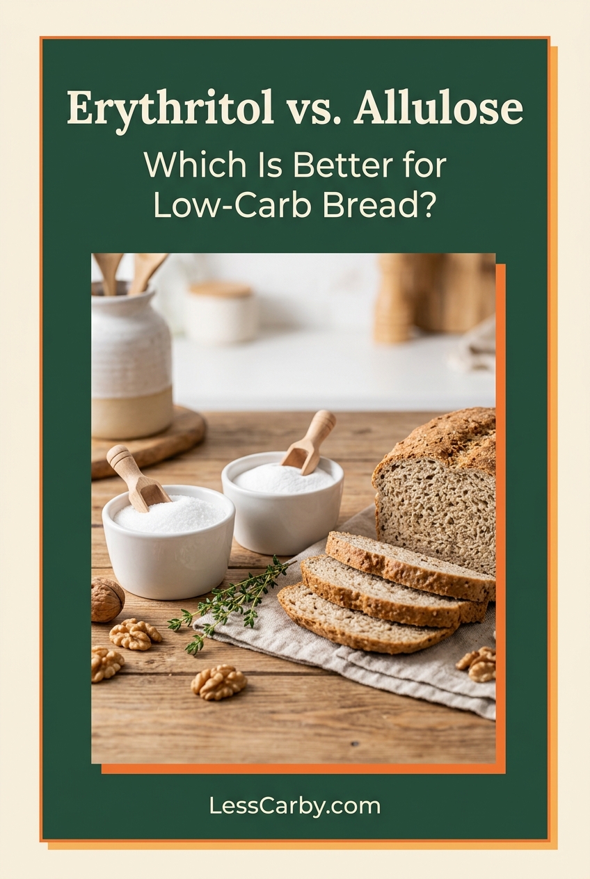 Pinterest graphic comparing erythritol and allulose for low-carb bread