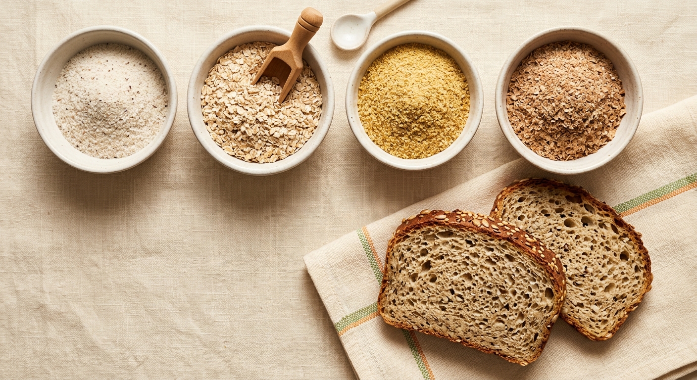 Bowls of psyllium husk, oat bran, flaxseed, and wheat bran beside sliced low-carb bread