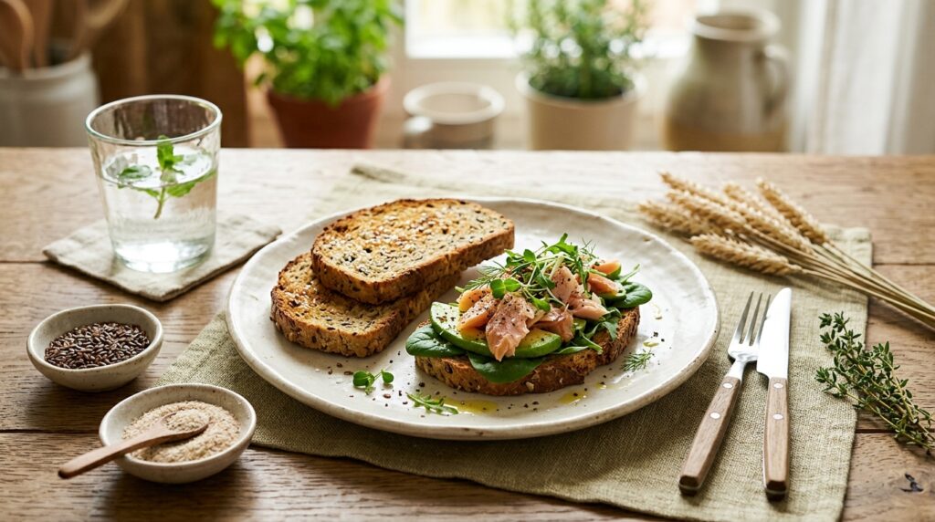 Low-carb bread sandwich with toasted slices, flaxseed, psyllium and a glass of water