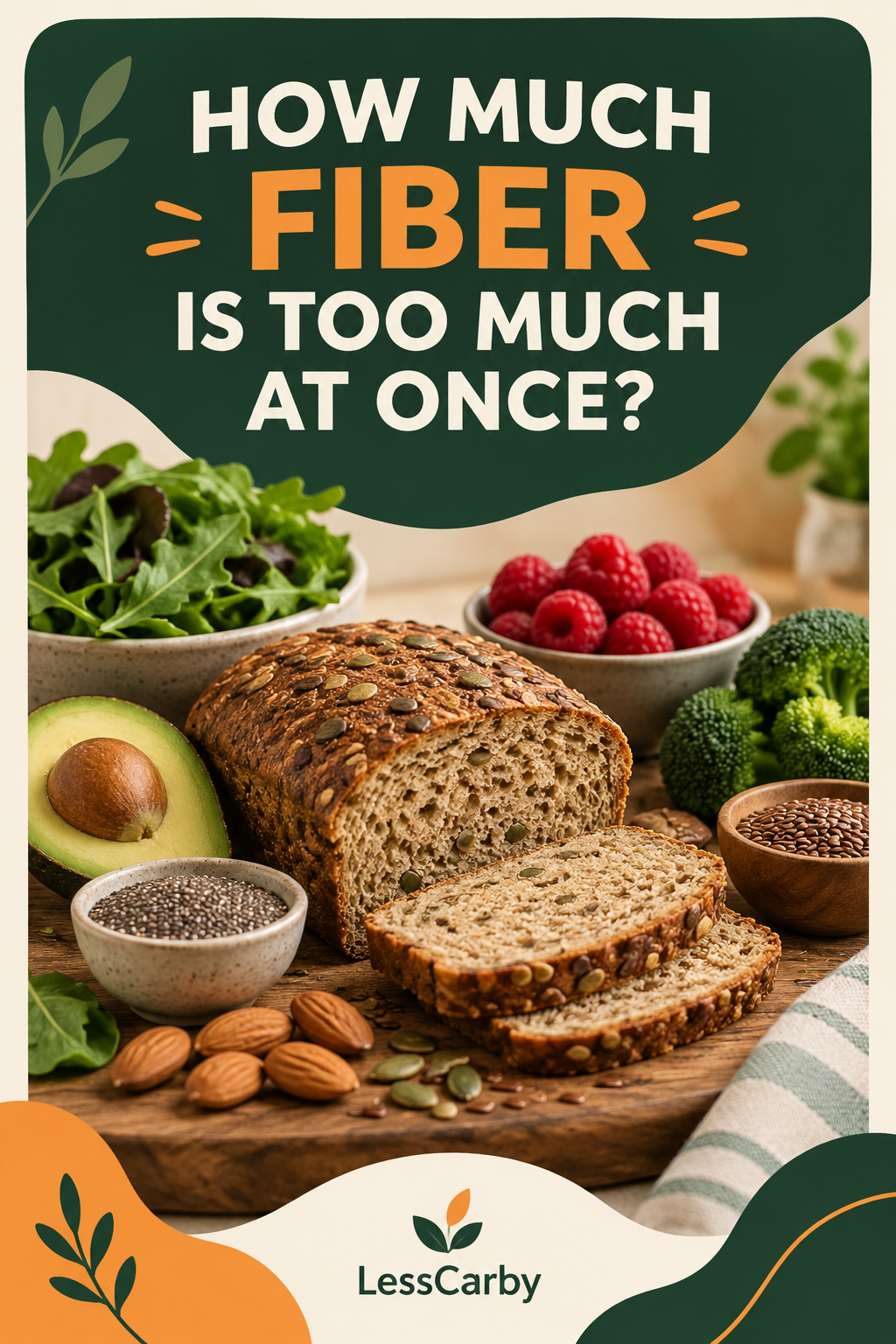 Pinterest graphic asking How Much Fiber Is Too Much at Once above bread and fiber-rich foods