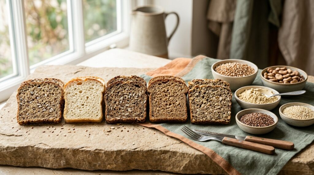 Assorted low-carb bread slices with wheat, fava beans, pea protein and seeds representing common protein sources