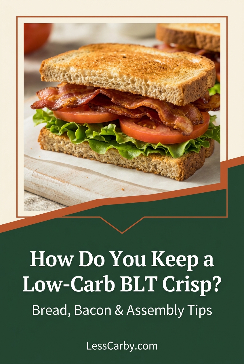 Pinterest graphic asking how to keep a low-carb BLT crisp with bread, bacon and assembly tips