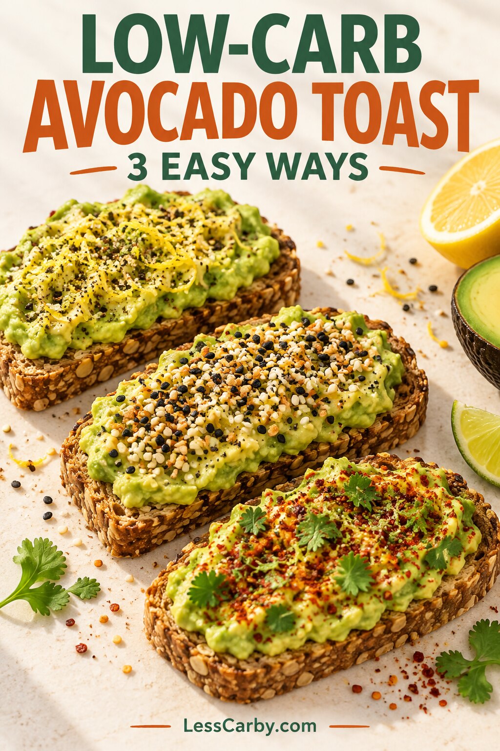 Three low-carb avocado toasts with lemon-pepper, everything-bagel and chili-lime toppings