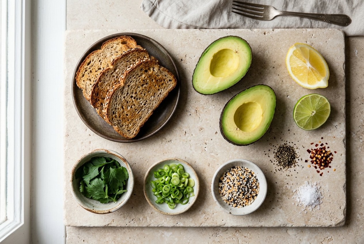 Avocado, toasted low-carb bread, lemon, lime, chili, cilantro and everything-bagel seasoning arranged for three avocado toast variations