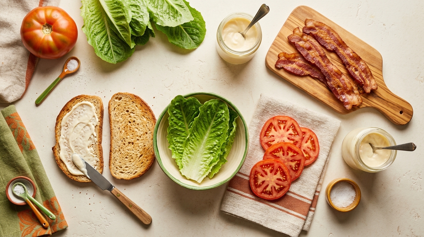 Low-carb BLT ingredients arranged for assembly with toasted bread, mayonnaise, dry lettuce, tomato and crisp bacon