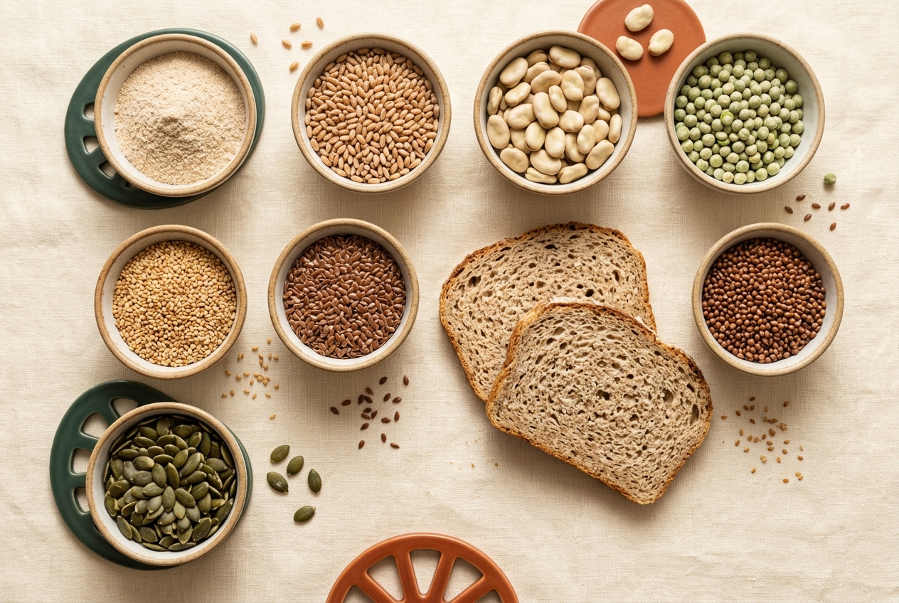 Low-carb bread slices beside wheat protein, fava beans, pea protein and seeds used in higher-protein bread formulas
