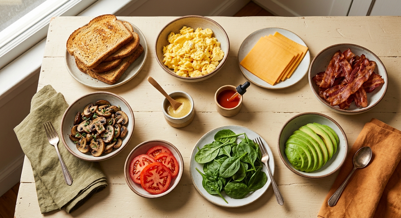 Cooked eggs, cheese, bacon, avocado, vegetables, and toasted low-carb bread arranged for breakfast sandwiches