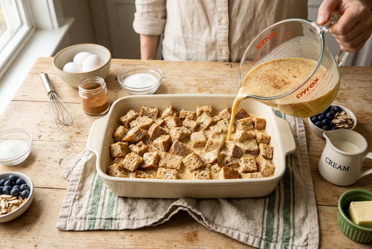Cinnamon egg custard being poured over cubed low-carb bread in a baking dish