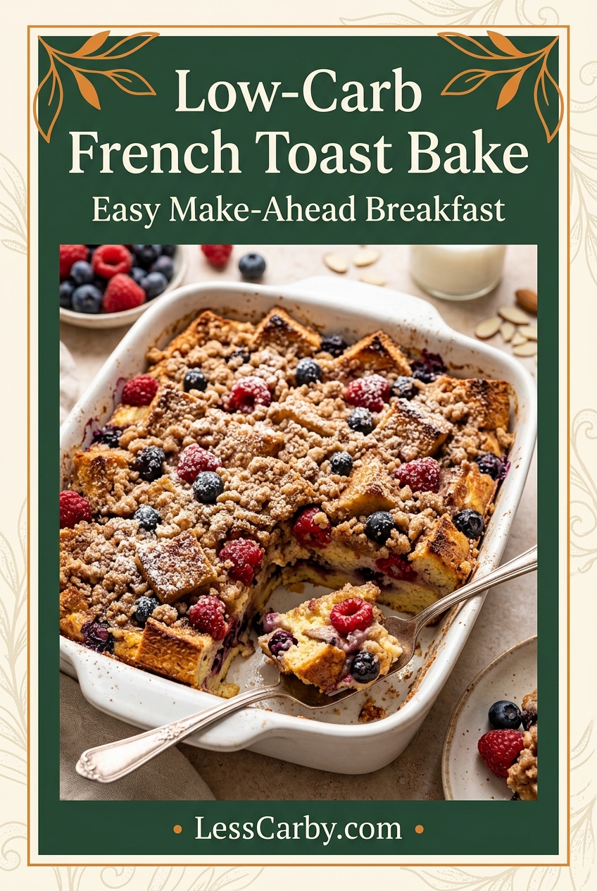 Pinterest graphic reading Low-Carb French Toast Bake, Easy Make-Ahead Breakfast