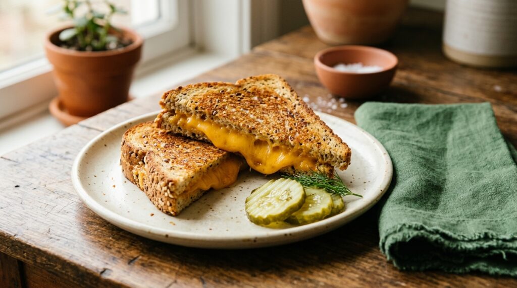 Low-carb grilled cheese sandwich with a crisp seeded crust and melted cheddar center