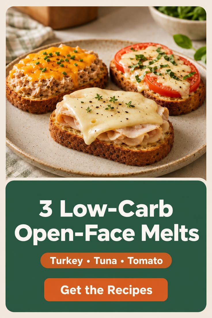 Three low-carb open-face melts with turkey, tuna, and tomato beneath the headline 3 Low-Carb Open-Face Melts