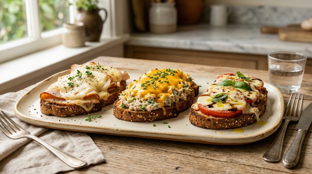 Three low-carb open-face melts topped with turkey and Swiss, tuna and cheddar, and tomato and mozzarella