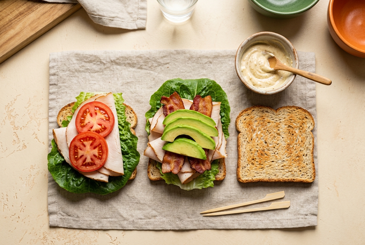 Three toasted low-carb bread slices layered with turkey, bacon, lettuce, tomato and avocado before closing the club sandwich