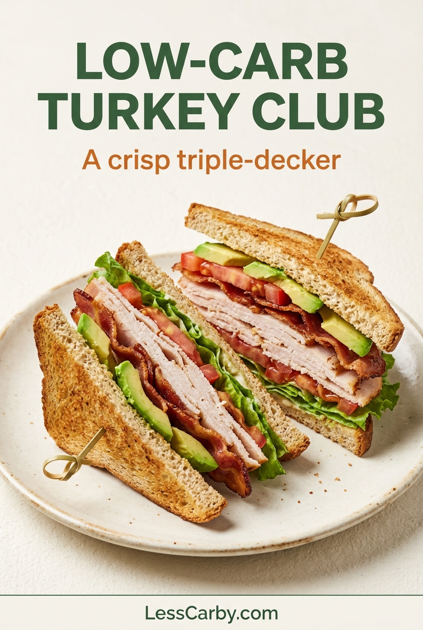 Low-carb turkey club recipe graphic with turkey, bacon, avocado and toasted bread.