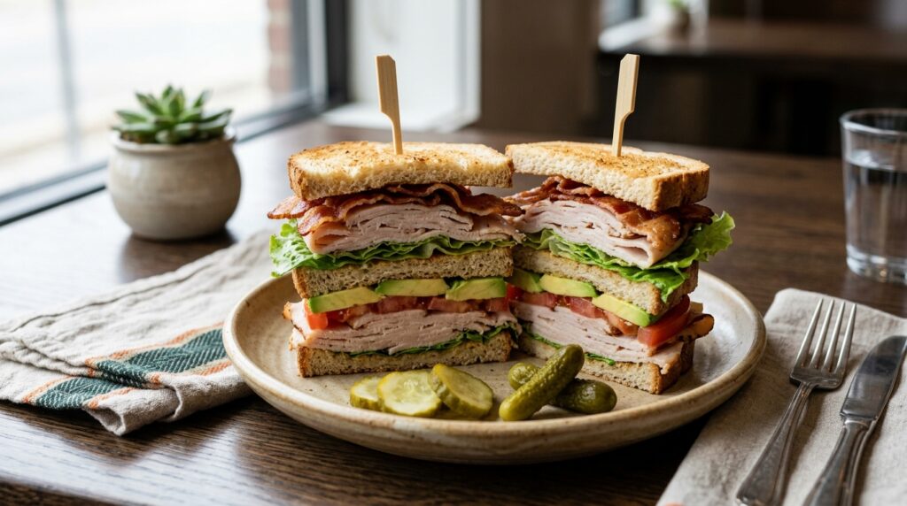 Low-carb triple-decker turkey club sandwich with bacon, avocado, lettuce and tomato