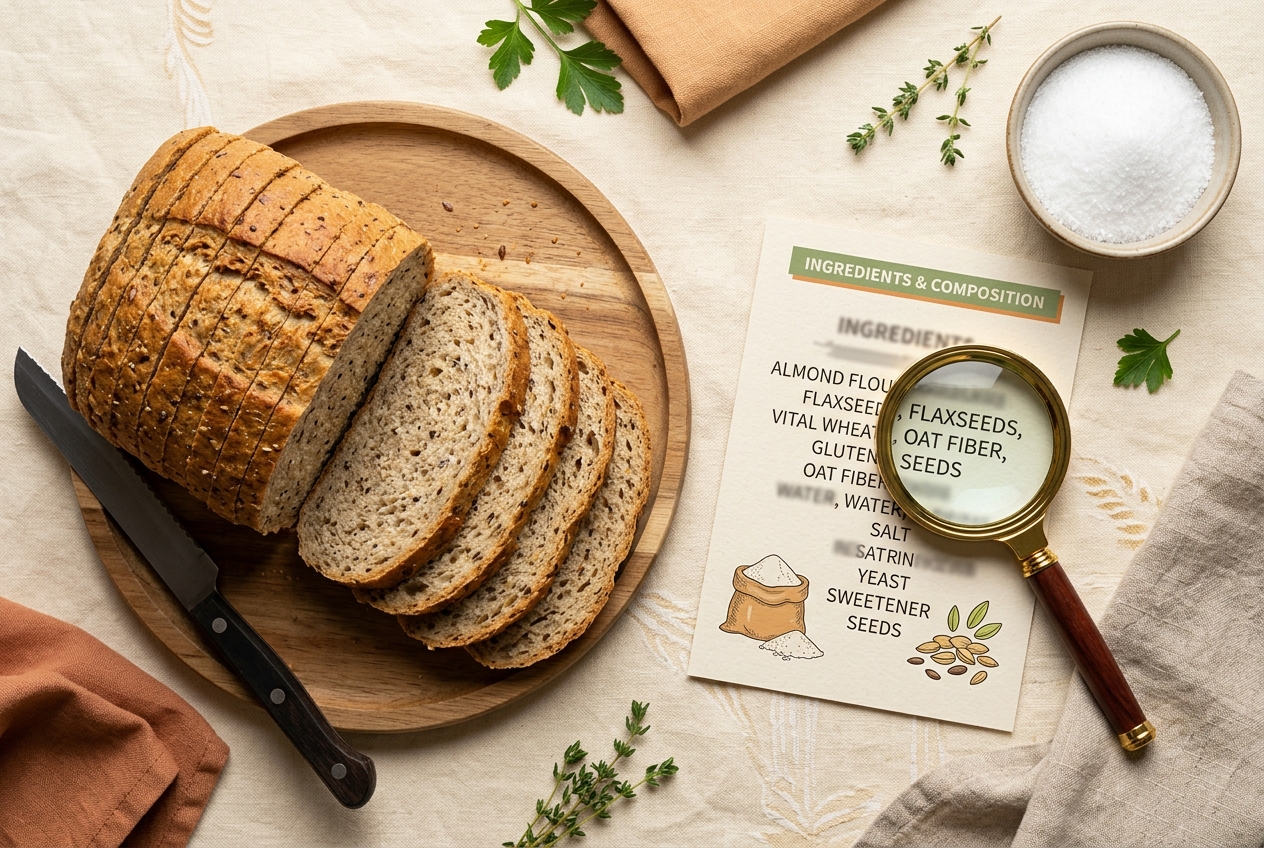 Magnifying glass beside a generic low-carb bread ingredient label and sliced bread