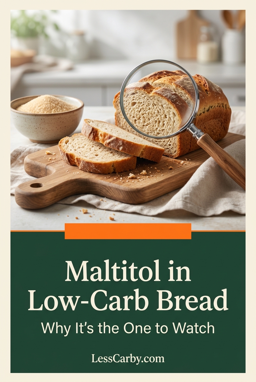 Pinterest graphic about maltitol in low-carb bread and why it is the sugar alcohol to watch