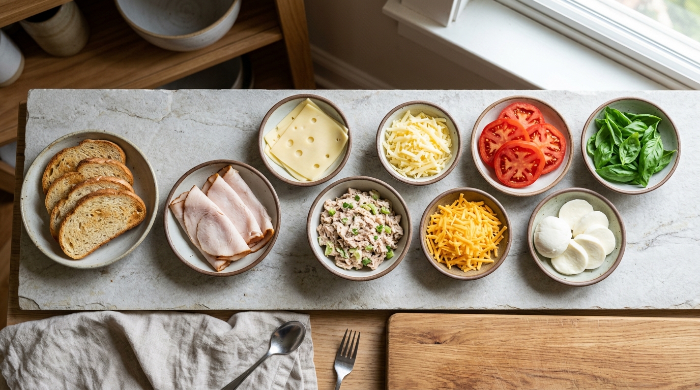 Ingredients for turkey-Swiss, tuna-cheddar, and tomato-mozzarella open-face melts arranged beside toasted low-carb bread