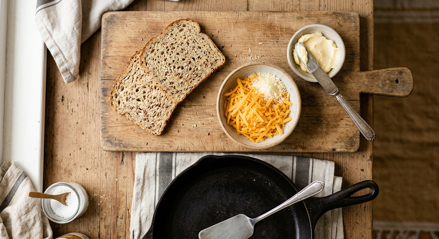 Buttered low-carb bread and grated cheese arranged beside a skillet