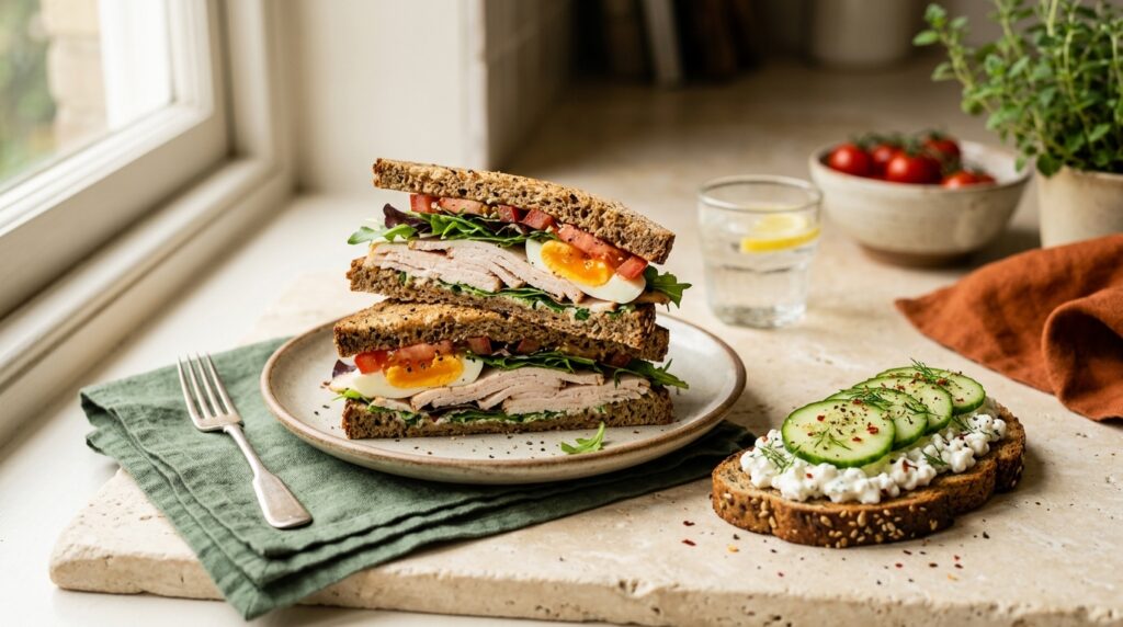 Low-carb bread sandwiches with turkey, egg, greens, tomato and cottage cheese toppings