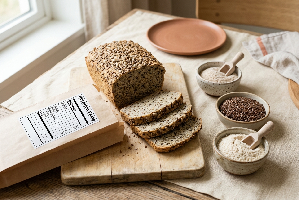 Low-carb bread beside a nutrition label and bowls of fiber-rich ingredients