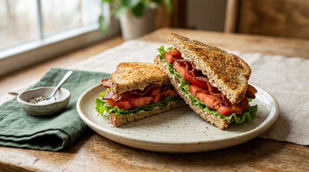 Low-carb BLT sandwich with crisp bacon, tomato and lettuce on toasted bread