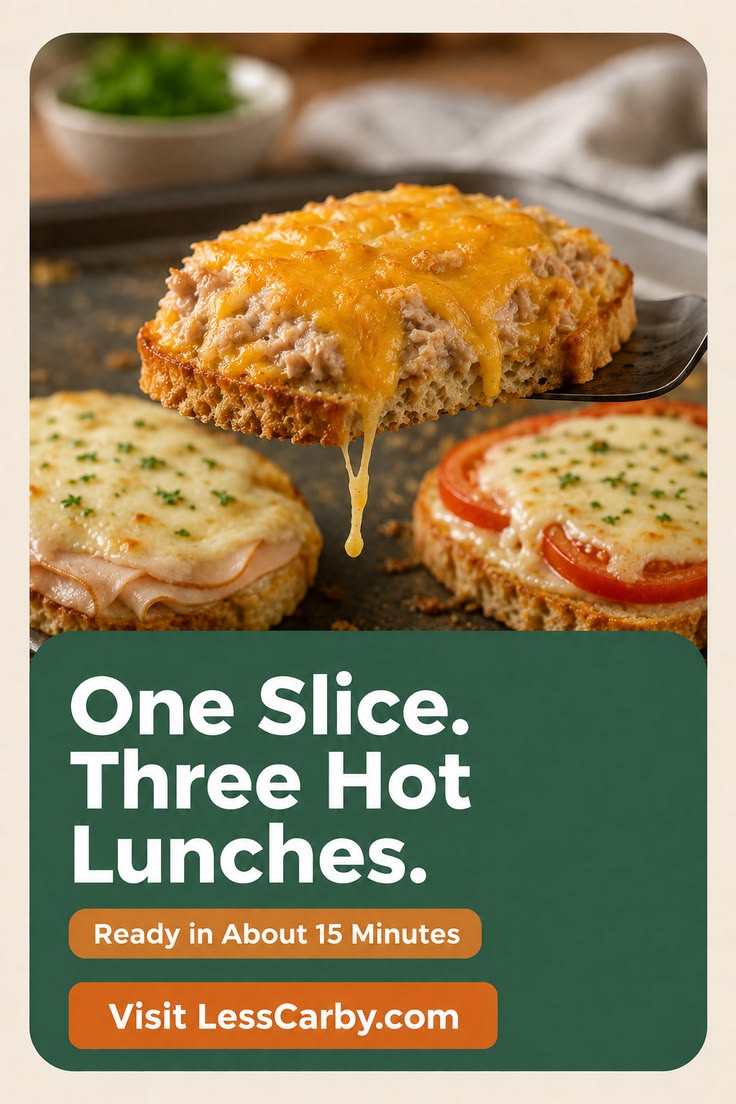 Turkey-Swiss, tuna-cheddar, and tomato-mozzarella melts beneath the headline One Slice, Three Hot Lunches