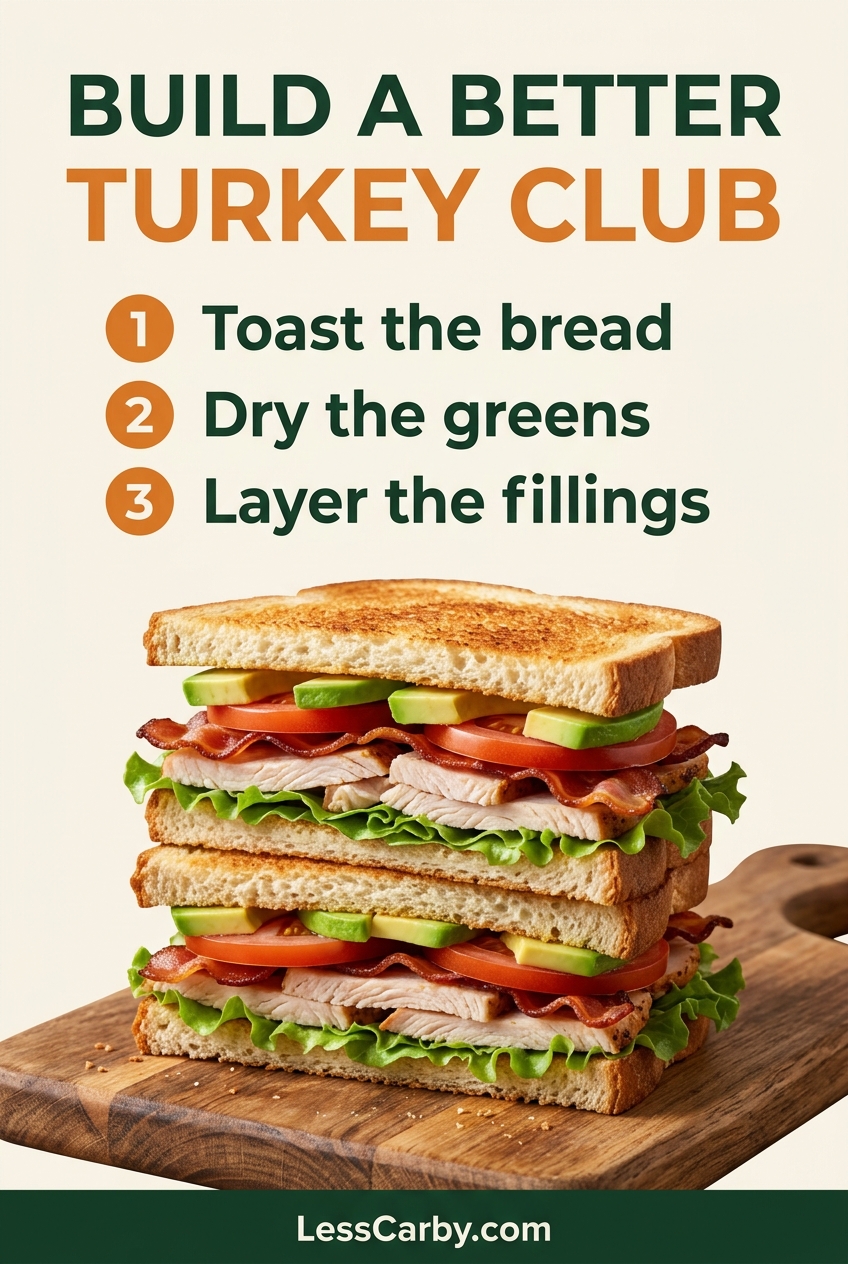 Turkey club layering reminders: toast the bread, dry the greens and layer the fillings.