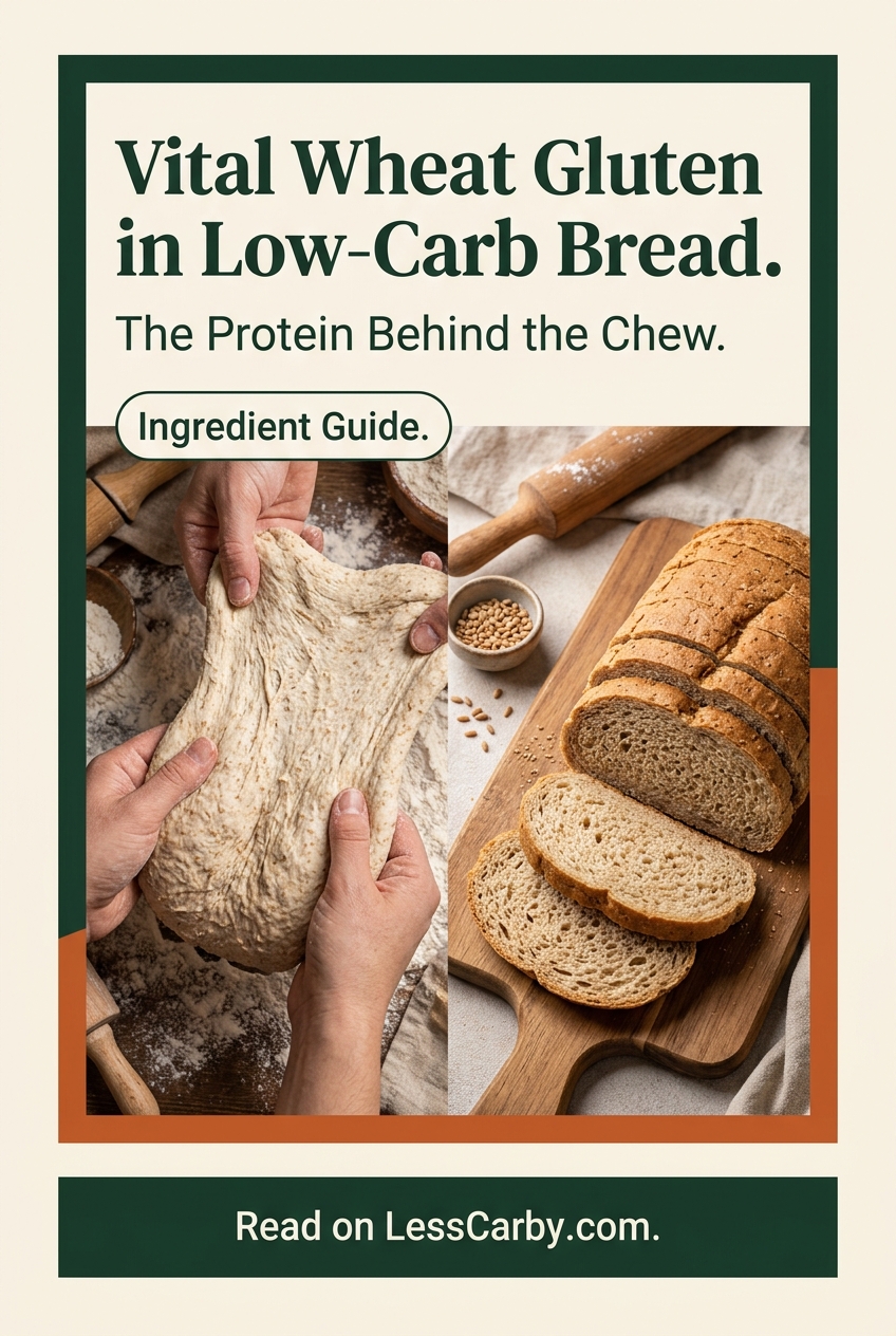 Pinterest graphic reading Vital Wheat Gluten in Low-Carb Bread, The Protein Behind the Chew