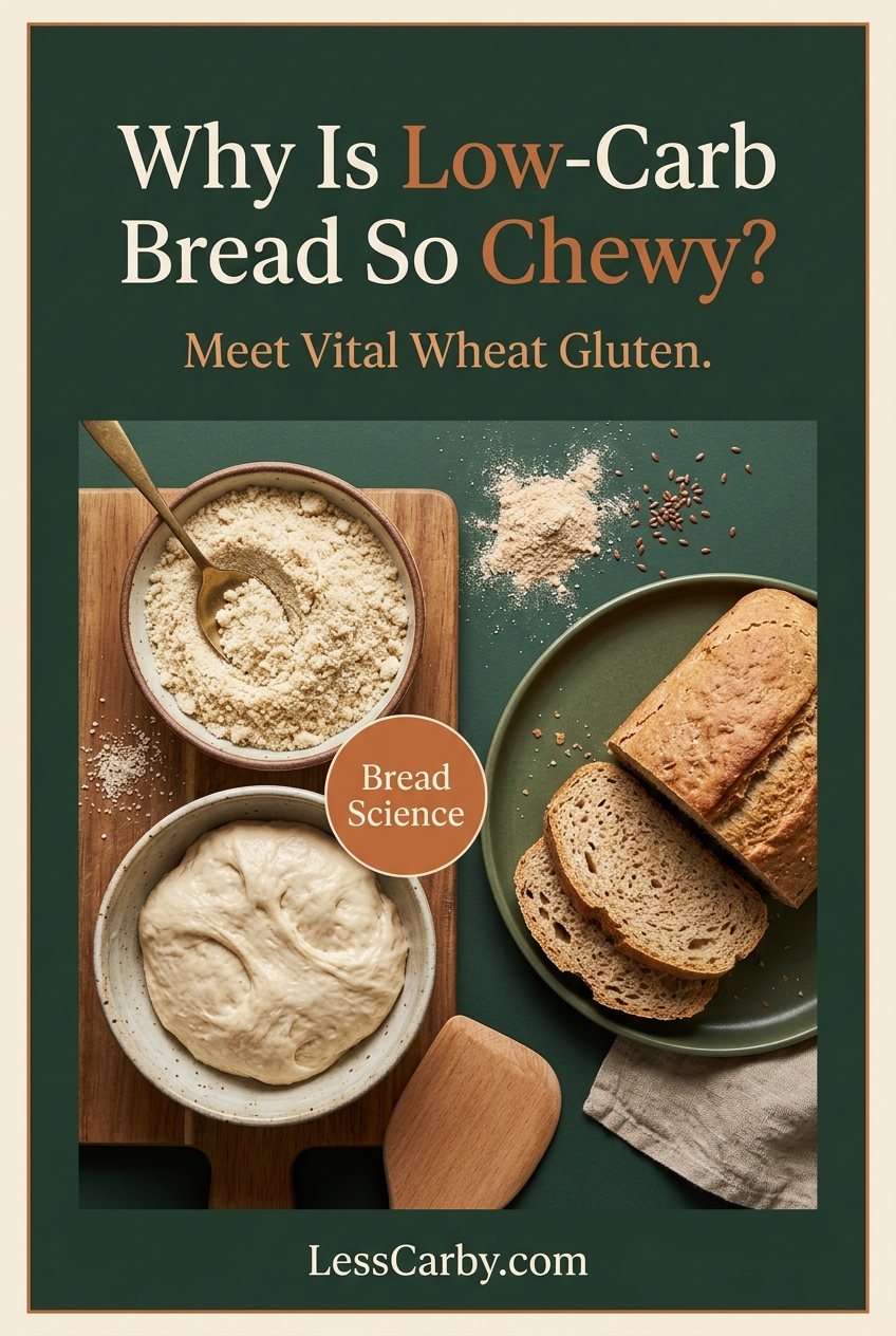 Pinterest graphic asking Why Is Low-Carb Bread So Chewy and introducing vital wheat gluten