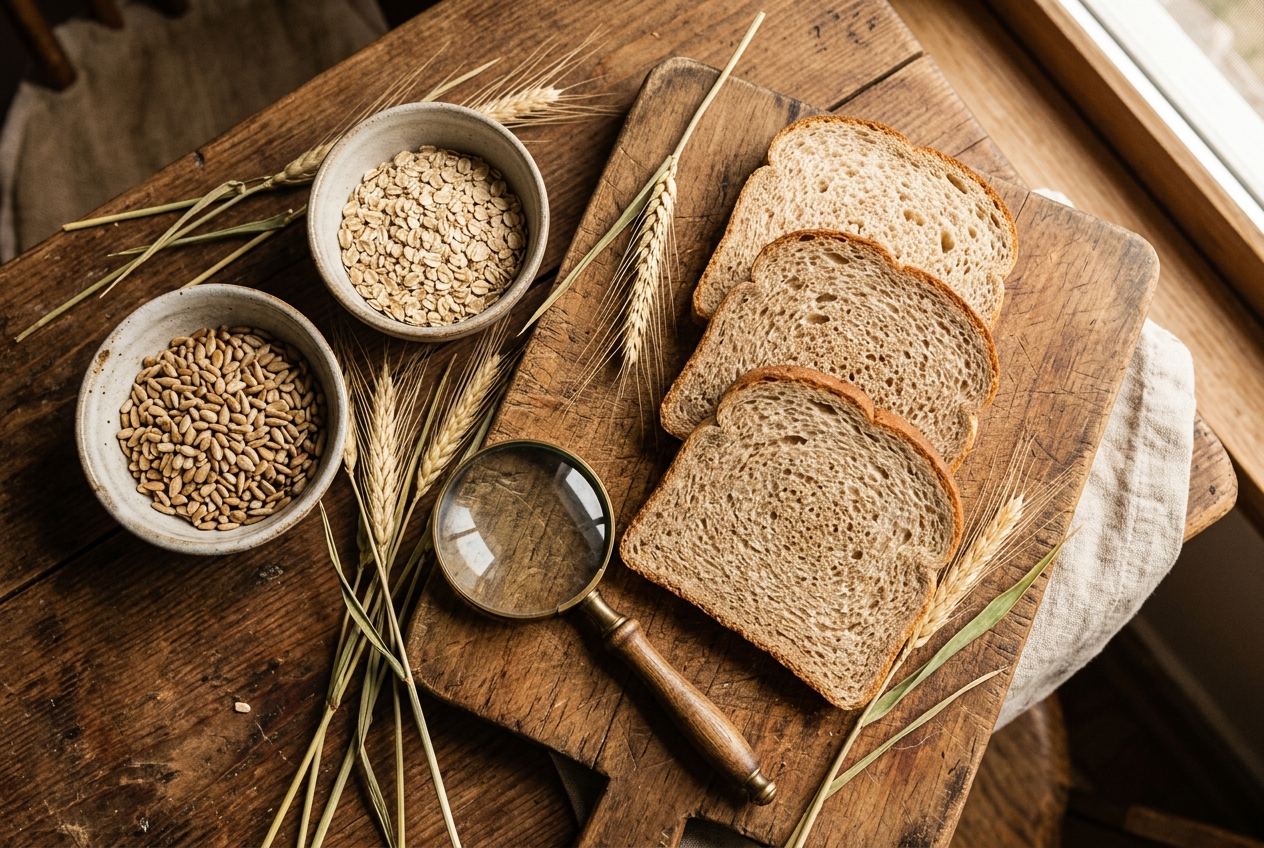 Generic sliced bread with oats, sunflower seeds, wheat stalks, and a magnifying glass