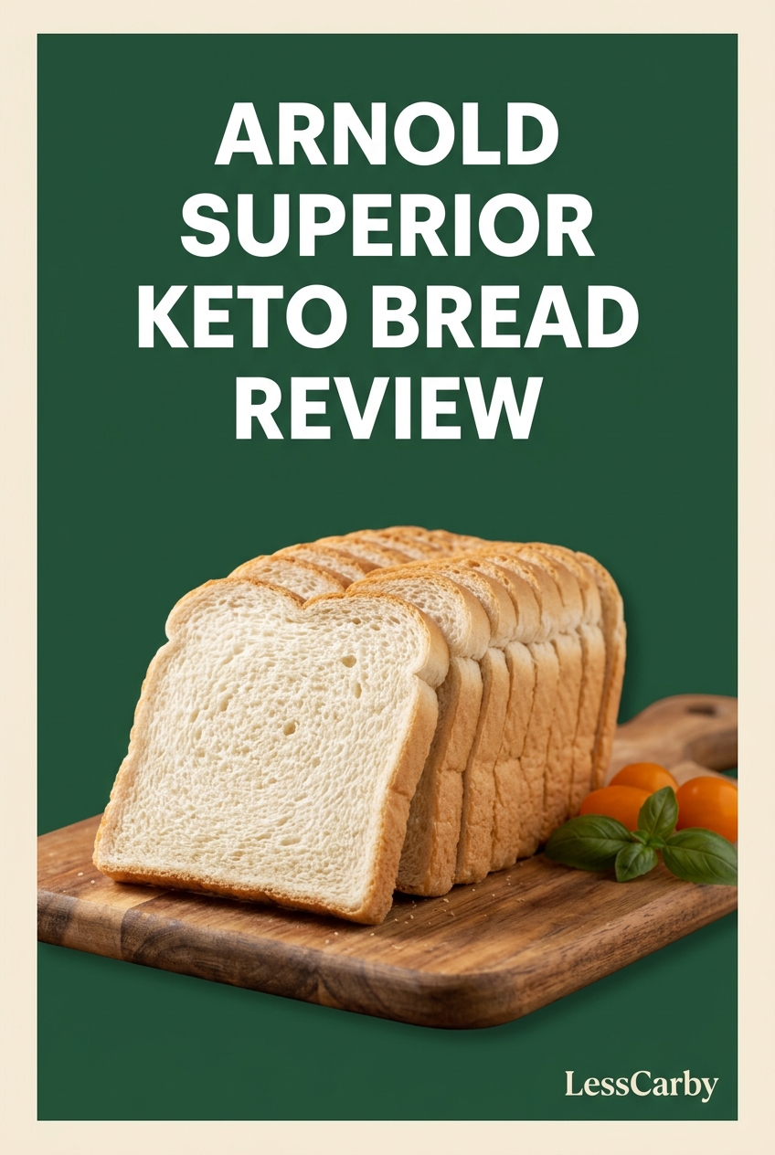 Pinterest graphic reading Arnold Superior Keto Bread Review above generic sliced sandwich bread