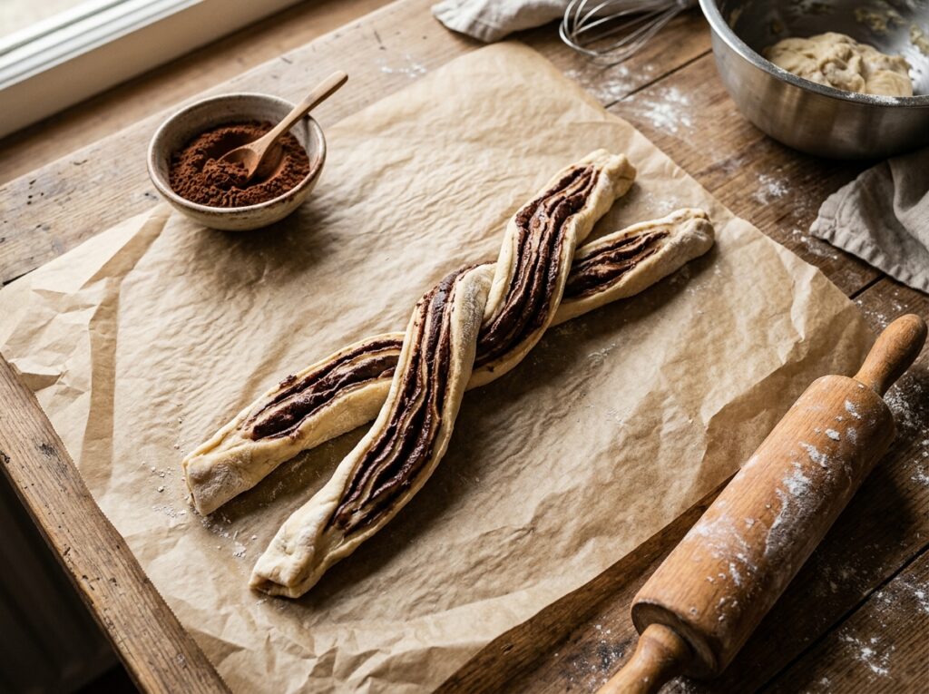 Dos tiras de masa con relleno de chocolate entrelazadas